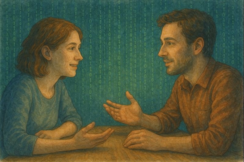 Two people talking without phones in sight